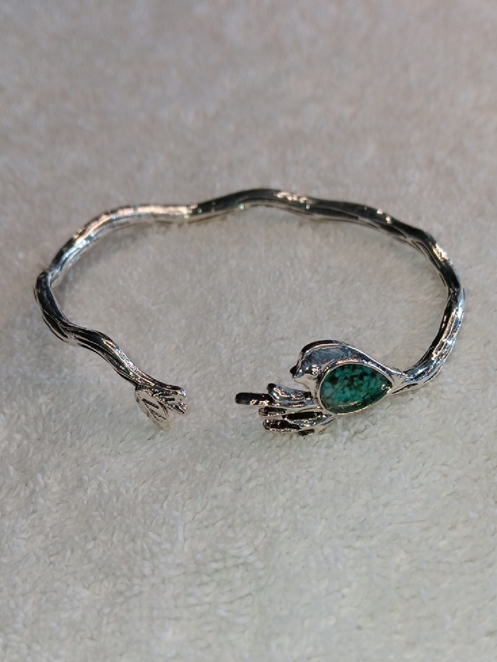 Silver Bird-Accented Cuff Bracelet with Teardrop Green Embellishment